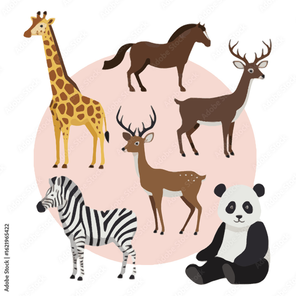 Fototapeta premium Cute animal collection giraffe zebra horse deer panda cartoon illustrations