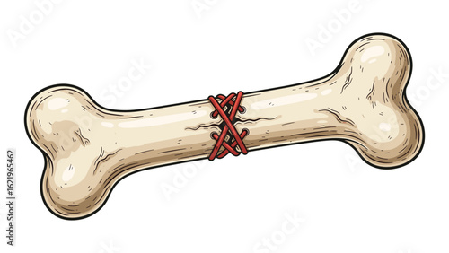 Cartoon Bone with Red String Tied Around a Break Healing Comic Concept