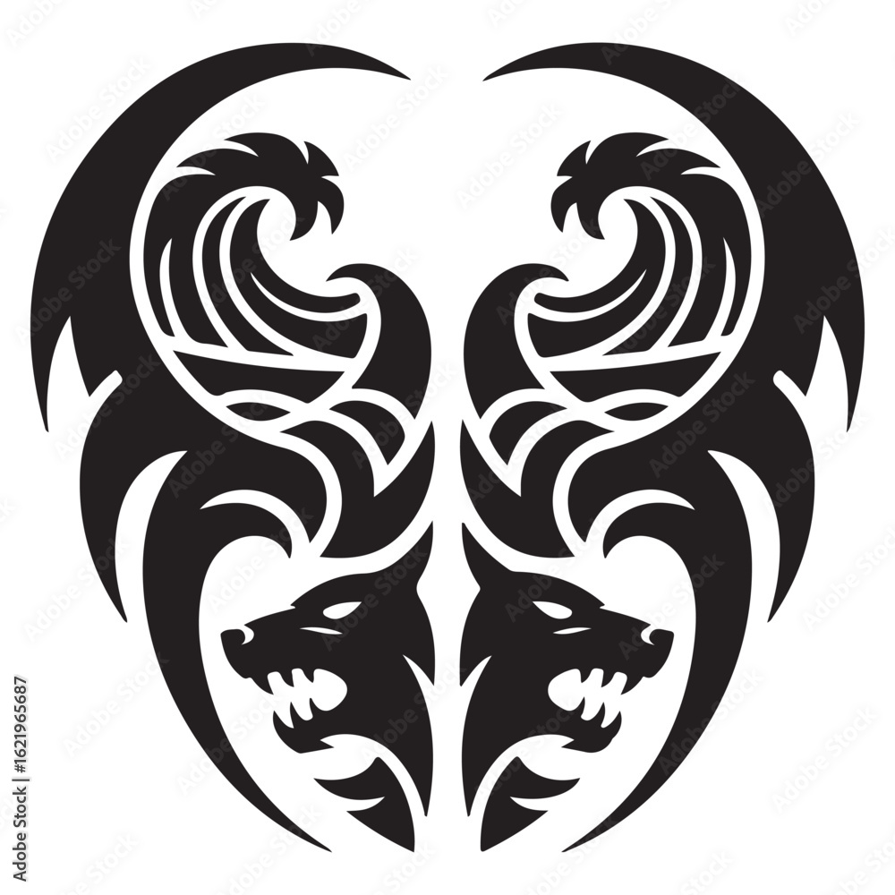 Fototapeta premium Symmetrical tribal dragon and wolf tattoo design