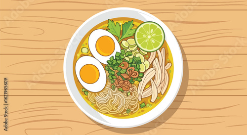 A bowl of Indonesian Soto soup, featuring noodles, chicken, egg, lime, and vegetables.
