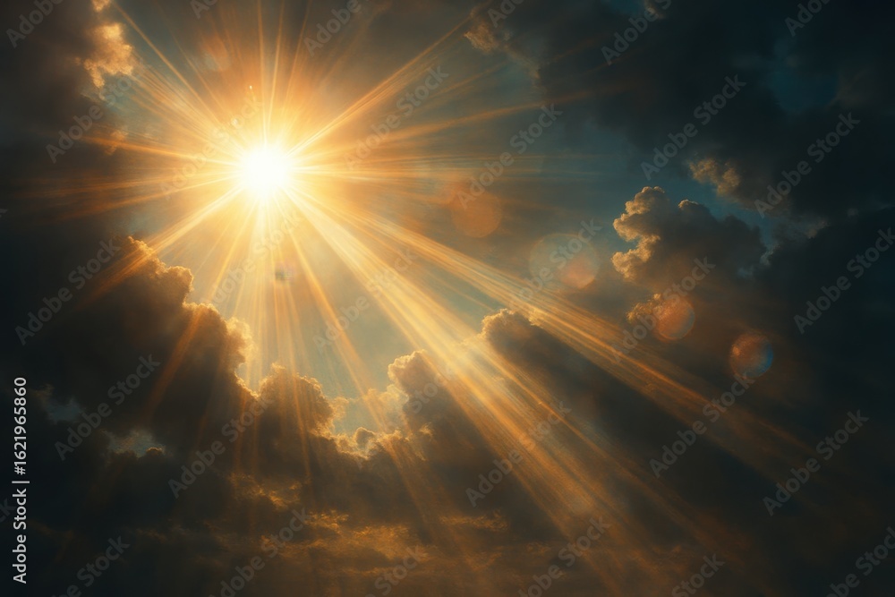 Fototapeta premium Dramatic Golden Sunburst with Brilliant Lens Flare Effects Against Deep Blue Sky Background
