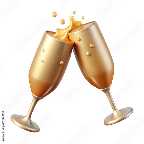 Two golden champagne glasses clinking isolated on transparent background