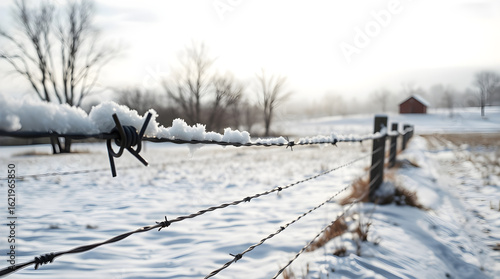 Barbed wire fence covered with snow in winter landscape