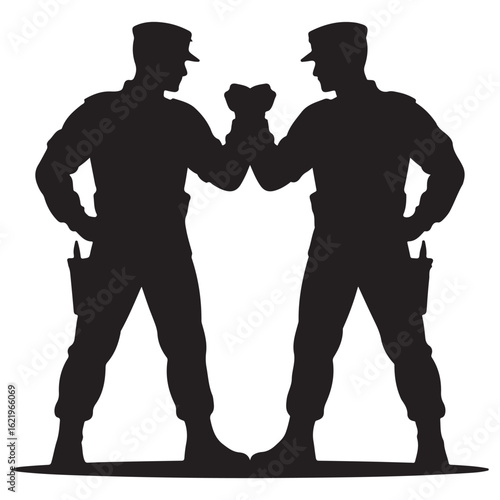 Two soldiers in silhouette facing each other in a mirrored pose