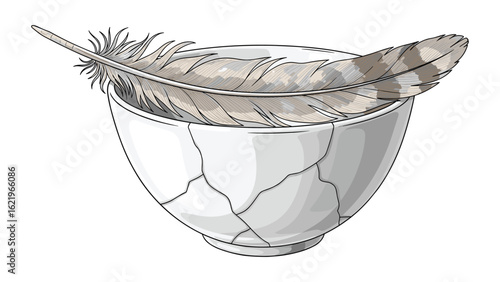 Elegant feather resting on a broken white ceramic bowl symbol of fragility and resilience art