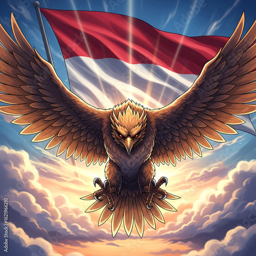 Garuda Pancasila flying with the Indonesian flag