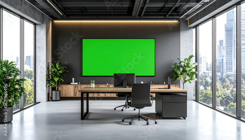 Elegant modern office with green screen display for virtual meetings, Sophisticated workspace interior with city views and minimalist design elements