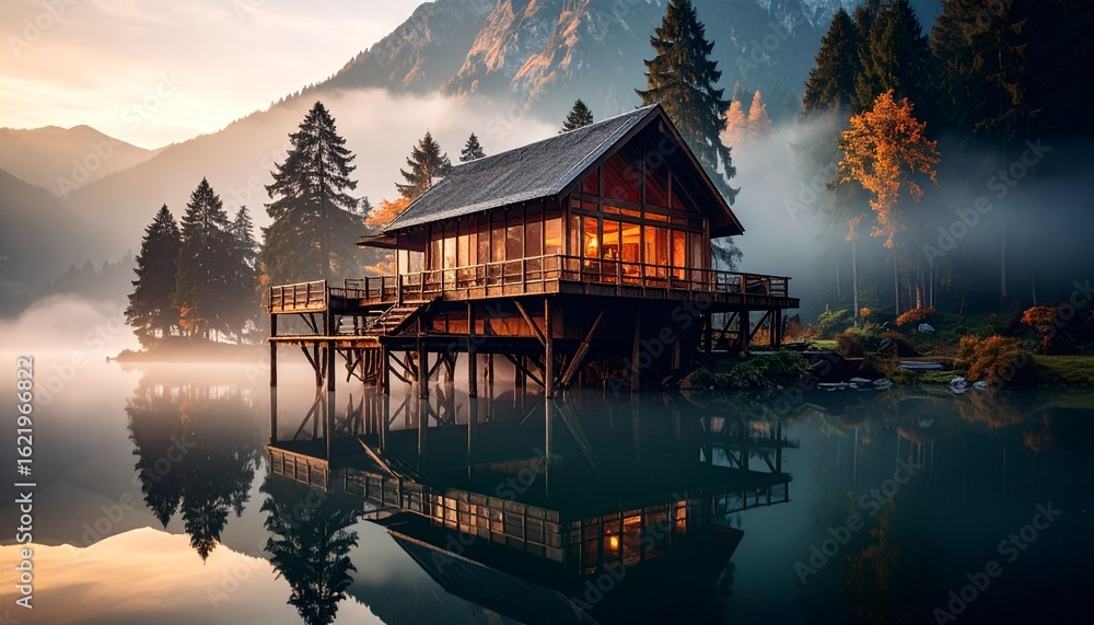 Fototapeta premium Cozy illuminated cabin over a calm mountain lake, a peaceful morning scene.
