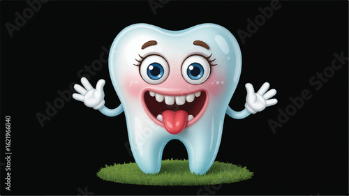 Happy cartoon tooth character with blue eyes and pink cheeks smiling
