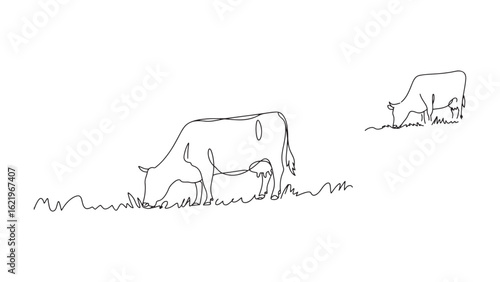 Continuous Line Drawing of Cows Grazing in a Field on Transparent Background Vector Art