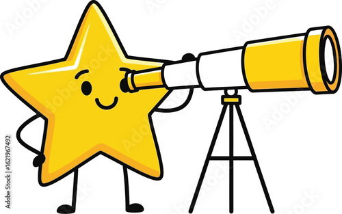 Star cartoon looking through telescope astronomy exploration