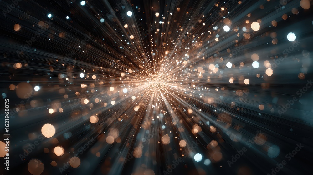 Fototapeta premium Light Burst with Glowing Spheres and Rays on Dark Background