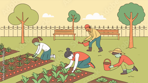 A group of people gardening together in a community garden, planting vegetables and watering plants, promoting sustainability, healthy living, and environmental care