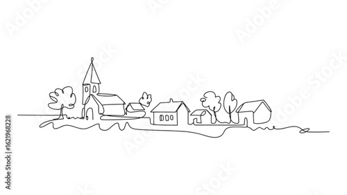 Continuous Line Drawing of a Village Landscape with Houses, Trees, and Church on Transparent