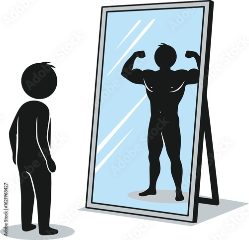 Body image and self esteem stick figure in mirror illustration