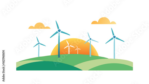 Wind turbines on a green field with a sunset in the background, isolated on white background, showcasing renewable energy and sustainable power generation