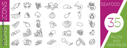 Set of vector icons of seafood and vegetables with fruits. Only healthy food. Vector icons of food, healthy food. Editable food icons.