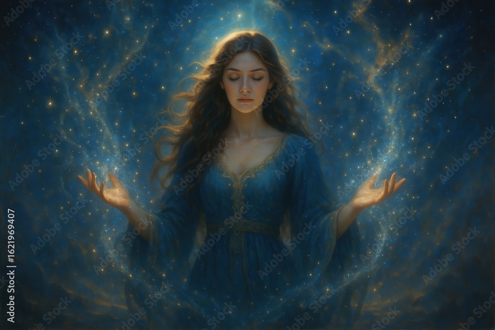 Obraz premium Ethereal woman wielding celestial magic powers in shimmering mystical realm of dreams