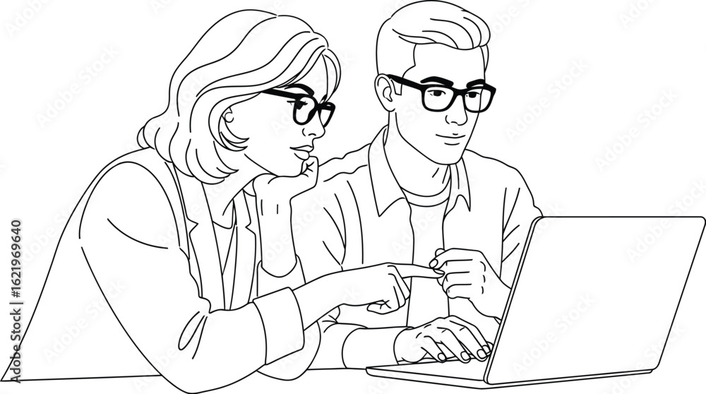 Business team working on laptop collaboration project outline Business team working on laptop collaboration project outline