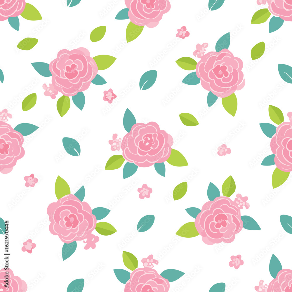 Naklejka premium Soft pink roses and green leafy pattern on a white background 