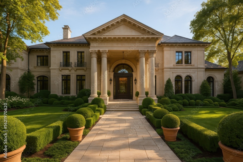 Obraz premium Spectacular luxury mansion with manicured gardens and grand architectural entrance portico