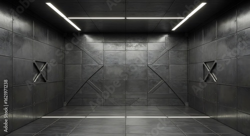 Empty square room with Texture of metal tiles with a lattices on wall