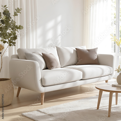 Bright and airy living room featuring a comfortable white sofa with cushions and a minimalist design