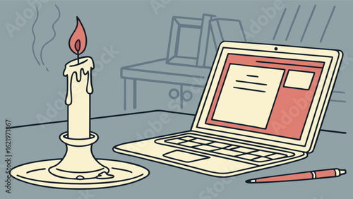Working by candlelight during a power outage, a laptop and pen on the desk, symbolizing resourcefulness and adapting to unexpected challenges