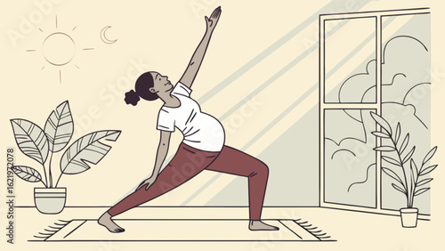 A pregnant woman is doing yoga at home she is practicing a yoga pose for fitness, health, and wellness, balancing her body and mind indoor