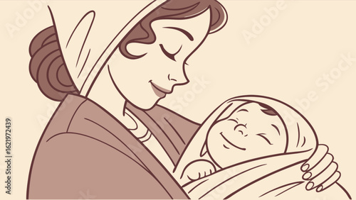 A loving mother holding her newborn baby in her arms, a heartwarming illustration of maternal love and the precious bond between a parent and child