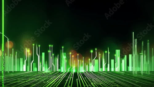 Futuristic Cityscape Digital Landscape of Green Circuit Patterns and Lights, Showcasing Technology and Innovation in Urban Abstract Environment.