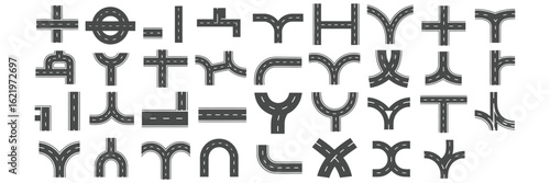 Isometric Road and Highway Elements, Vector Set for City Map Creation Featuring Asphalt Streets, Traffic Circles, Crossroads, Footpaths, and Car Direction Icons