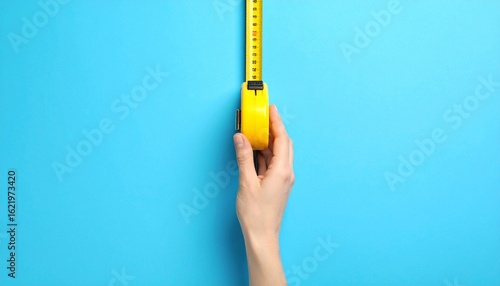 A hand holding a yellow measuring tape against a bright blue background.