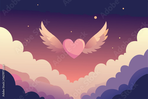 floating hearts with angel wings in a pastel heave.eps