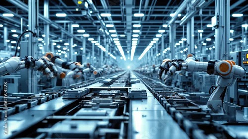 Automated robotic arms perform tasks on production line in modern industrial facility