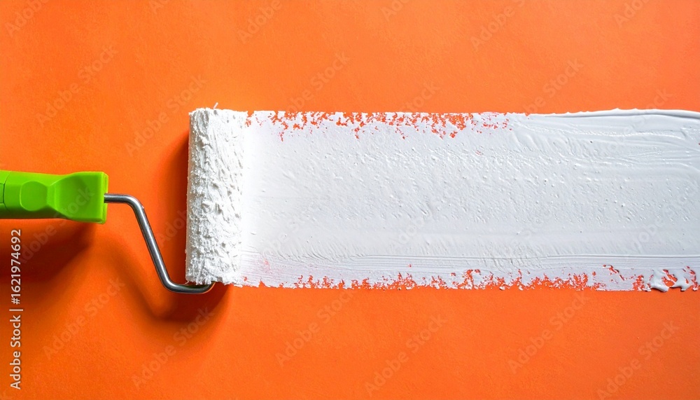 Obraz premium Paint roller applying white paint on an orange surface, creating a textured stroke.