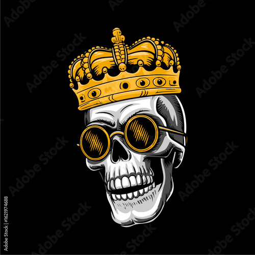 A skull wearing a golden crown and round sunglasses against a black background.