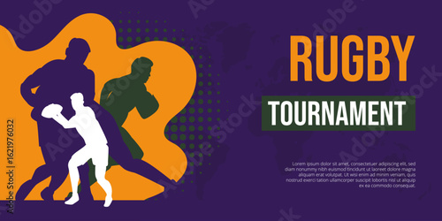 Colorful Rugby Tournament Banner with Player Silhouettes and Modern Layout