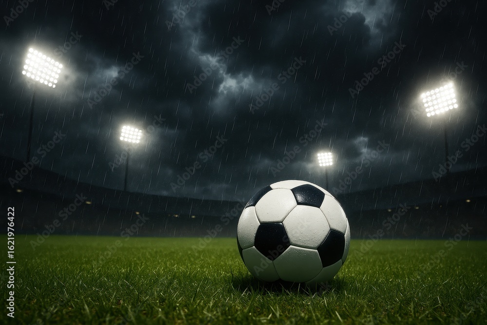 Fototapeta premium Professional Soccer Championship With Dramatic Weather and Intense Athletic Competition