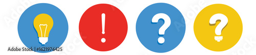 Colorful icons representing idea, process, alert, and questions against a white background