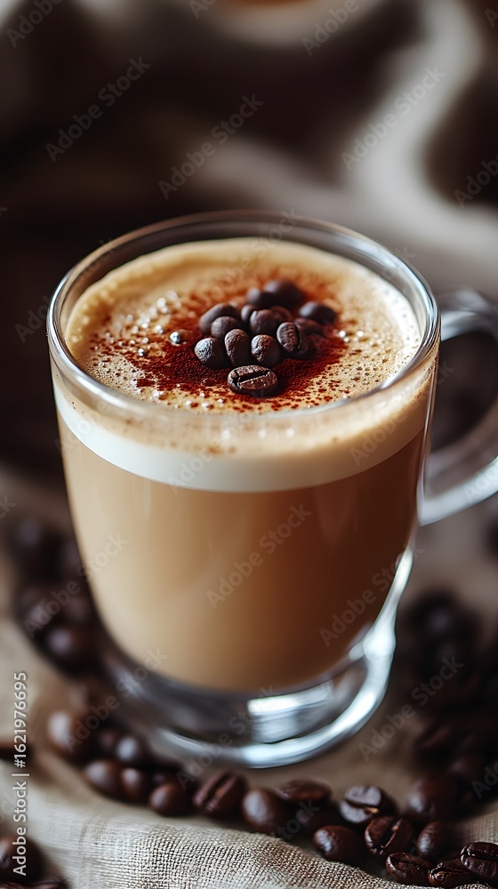 A warm cup of coffee topped with coffee beans, creating a cozy vibe. A warm cup of coffee topped with coffee beans, creating a cozy vibe.