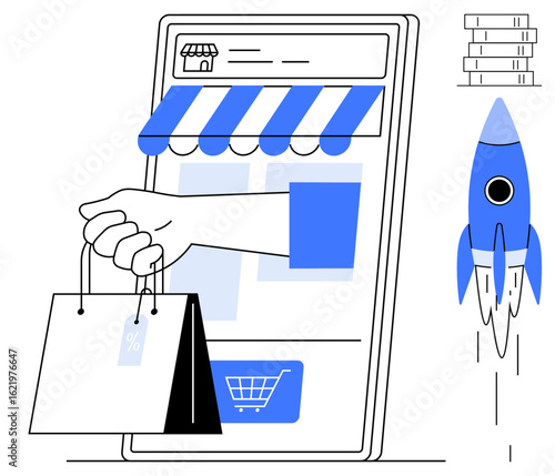 Hand holding shopping bags emerging from a smartphone with a storefront and rocket launching beside. Ideal for online business, marketing, startup launch, sales growth, innovation, and e-commerce