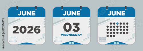Modern Calendar icon. June. 2026 3 day. The concept of waiting for an important date. Day calendar with date June 3. Cheklist day calendar. Vector illustration