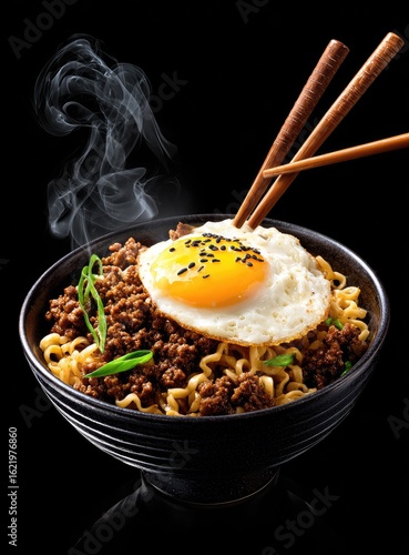 Wallpaper Mural Steaming bowl of noodles, ground beef, and a fried egg, garnished with green onions and sesame seeds Torontodigital.ca