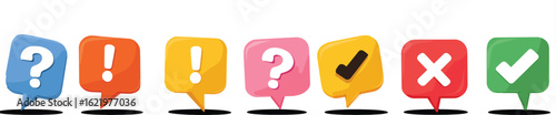 A collection of colorful speech bubbles with question marks exclamation points and check marks inside them