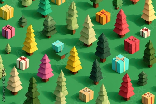 Wallpaper Mural Colorful low-poly trees and gifts on green background Torontodigital.ca