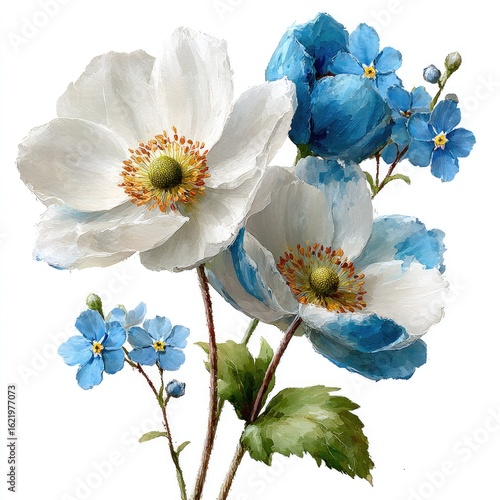 Wallpaper Mural White and blue flowers, painted style, on white background Torontodigital.ca