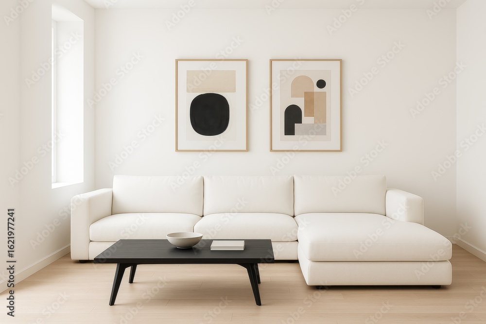 Fototapeta premium Scandinavian-inspired living room with white furniture and minimalist black accents in bright natural light