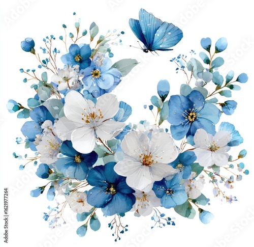 Wallpaper Mural Watercolor painting of blue and white flowers with a butterfly Torontodigital.ca