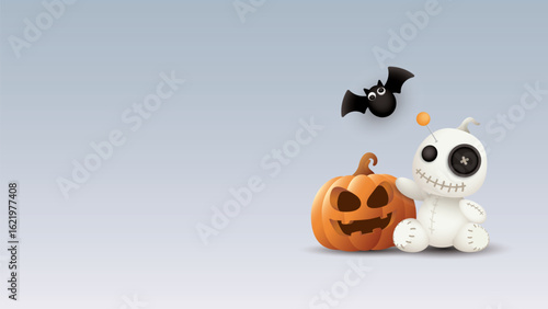 3D cute Voodoo doll, pumpkin Jack-O'-Lantern and fatty bat for Halloween theme gray background graphic illustration have blank space.